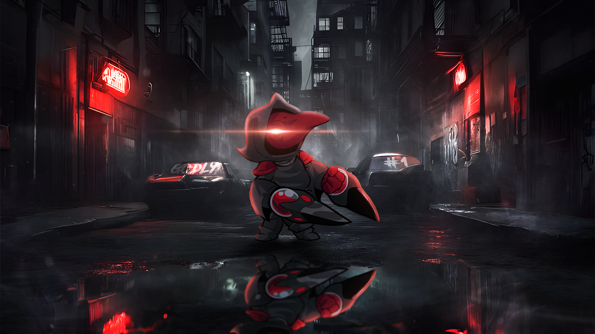 Caspian standing in a rainy red-lit city alley