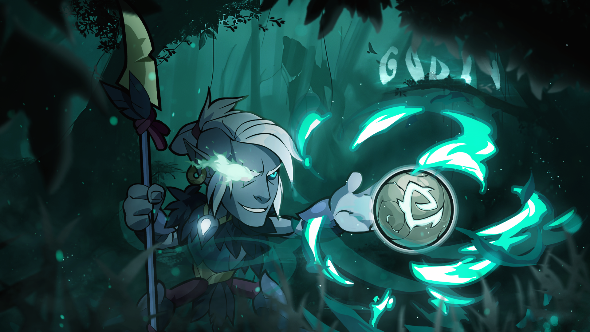 Dusk promotional banner with teal energy in a dark forest