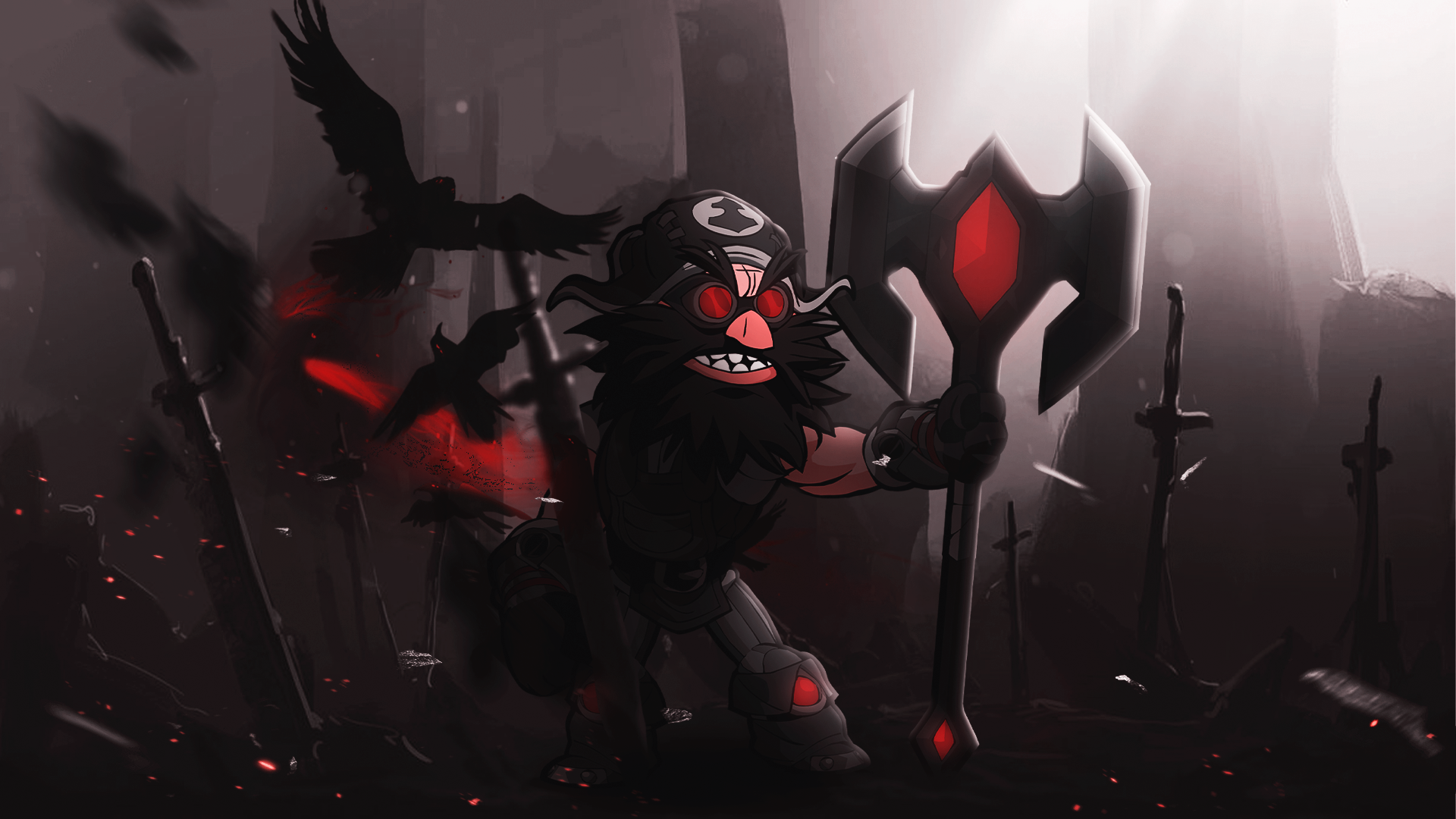 Dark battlefield character composition with ravens and red accents