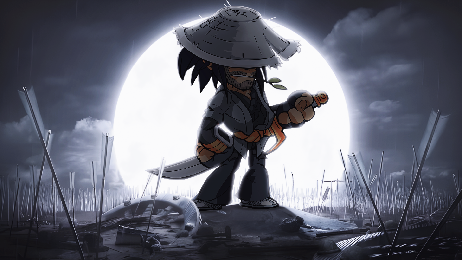 Koji standing before a bright moon on a monochrome battlefield